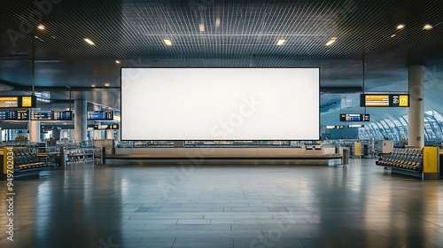 Shot in lowkey of a very large rectangular blank billboard mockup facing a baggage claim in an airport terminal a big white blank advertisement template indoors in front of a baggage h : Generative AI