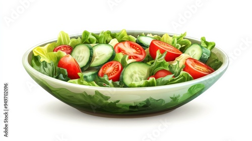 Fresh vegetable salad with lettuce, cucumber, and cherry tomatoes in a green ceramic bowl on a white background, perfect for healthy eating concepts.