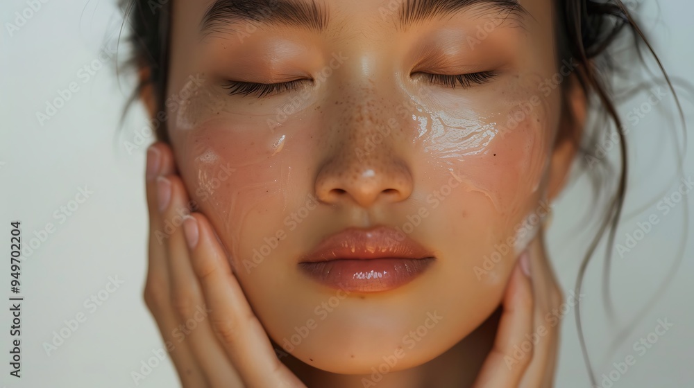 An Asian model scrubbing her face with a gentle exfoliant, her skin glowing and smooth, soft natural light, minimalist background, highlighting the skincare routine and rejuvenation, hd quality, An Asian model scrubbing her face with a gentle exfoliant, her skin glowing and smooth, soft natural light, minimalist background, highlighting the skincare routine and rejuvenation, hd quality,