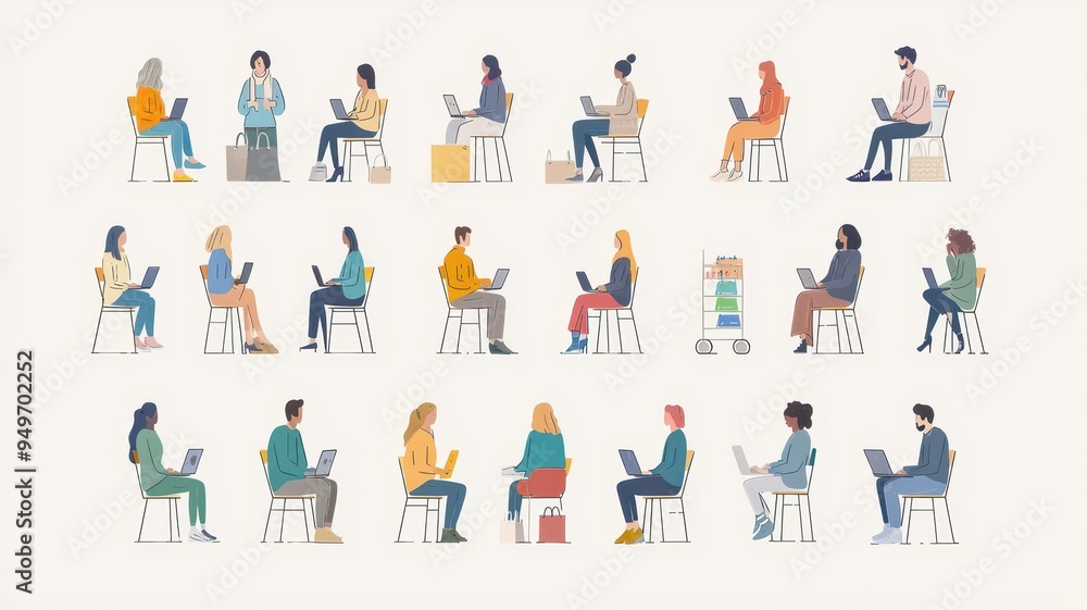 A diverse group of people working on laptops, seated on chairs, showcasing modern remote work and collaboration. A diverse group of people working on laptops, seated on chairs, showcasing modern remote work and collaboration.
