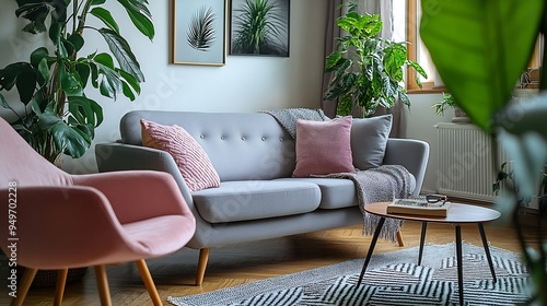 Contemporary home cinema lounge in Mid Century and retro style featuring a plush grey sofa stylish pink chaircoffee tables indoor plants and chic home decor accessories ideal for movie : Generative AI photo