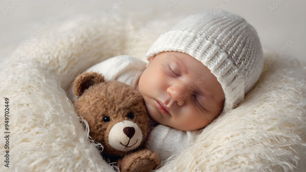 A newborn baby with a white cap snuggled up in a blanket, sleeping peacefully A newborn baby with a white cap snuggled up in a blanket, sleeping peacefully