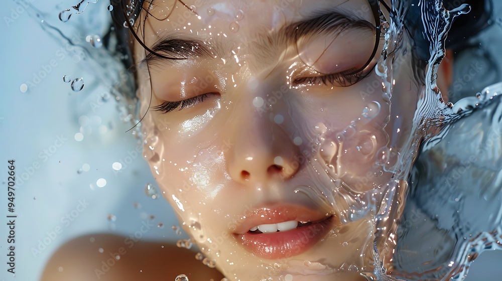 An Asian model splashing her face with water, droplets frozen in mid-air, her expression fresh and invigorated, soft natural light, minimalist background, An Asian model splashing her face with water, droplets frozen in mid-air, her expression fresh and invigorated, soft natural light, minimalist background,