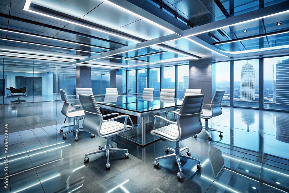 Naklejka premium futuristic high-tech discussion area with transparent glass tables and futuristic ergonomic chairs on a sleek metallic floor