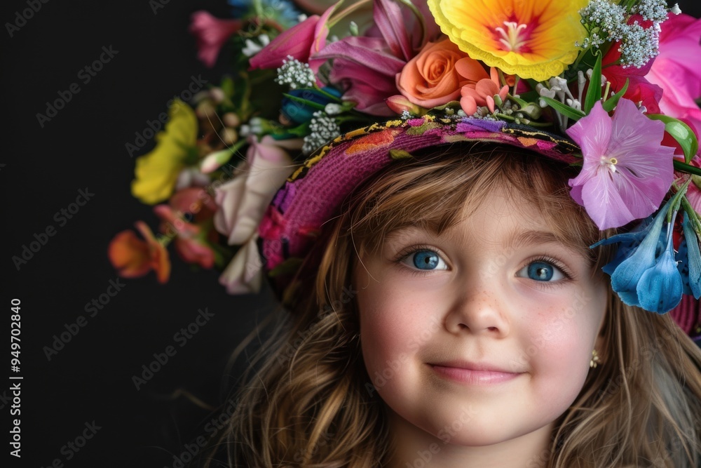 Portrait of a smiling young girl adorned with a colorful flower hat. symbol of spring Portrait of a smiling young girl adorned with a colorful flower hat. symbol of spring