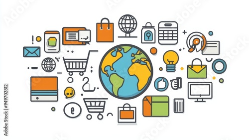 Wallpaper Mural Colorful illustration of global commerce concepts featuring shopping carts, technology icons, and a globe. Torontodigital.ca