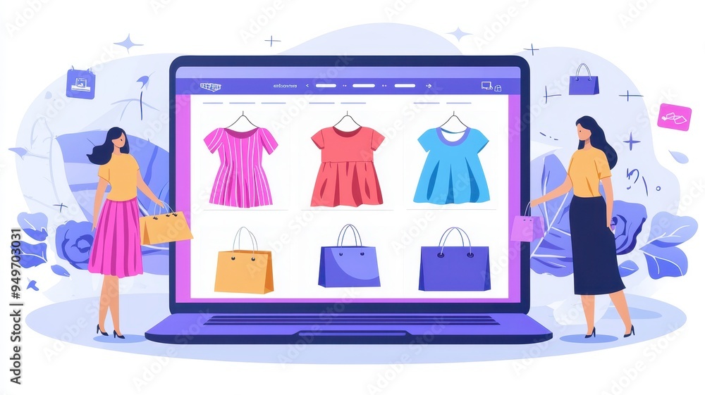 Women exploring online fashion shopping on a laptop, browsing colorful dresses and stylish bags in a vibrant digital store. Women exploring online fashion shopping on a laptop, browsing colorful dresses and stylish bags in a vibrant digital store.