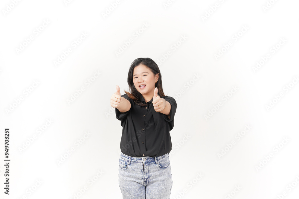 Young Asian woman showing thumbs up, okay or agree concept wearing Black t-shirt and jeans isolated on white background Young Asian woman showing thumbs up, okay or agree concept wearing Black t-shirt and jeans isolated on white background