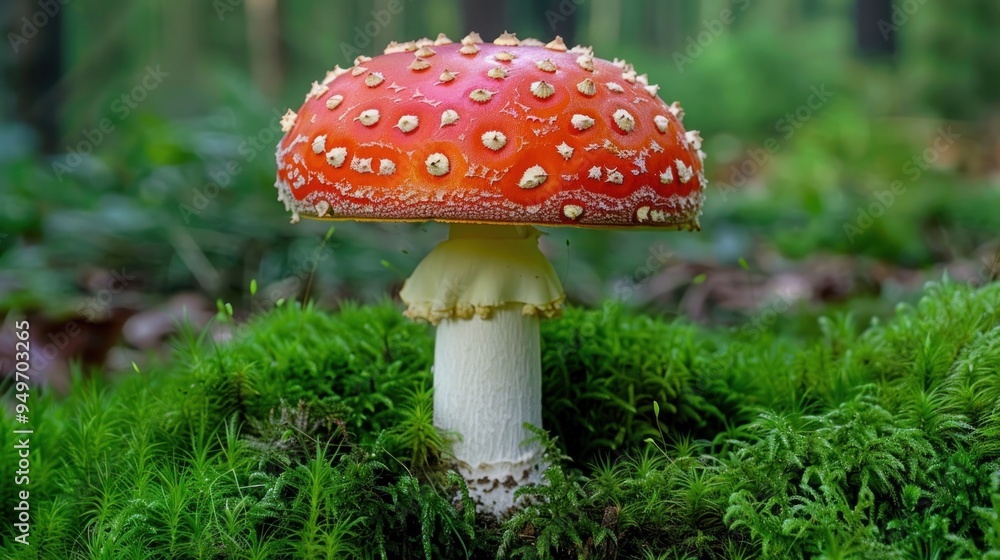 Red and White Mushroom in Green Moss Red and White Mushroom in Green Moss