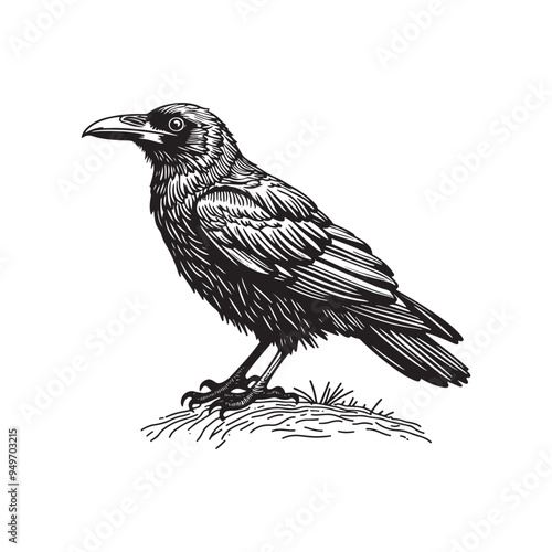 Gothic Handdrawn Raven Crow, Black and White Illustration