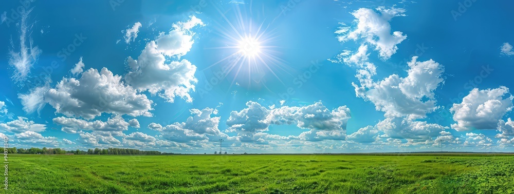 Nature landscape with green meadows, blue sky with clouds and mountains in the background. classic green landscape Nature landscape with green meadows, blue sky with clouds and mountains in the background. classic green landscape