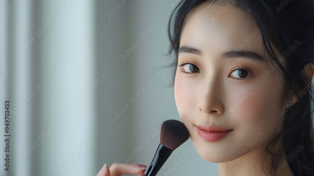An Asian model using a makeup brush to apply foundation, her skin flawless and radiant, set against a minimalist background, soft lighting enhancing her dewy complexion, hd quality, An Asian model using a makeup brush to apply foundation, her skin flawless and radiant, set against a minimalist background, soft lighting enhancing her dewy complexion, hd quality,