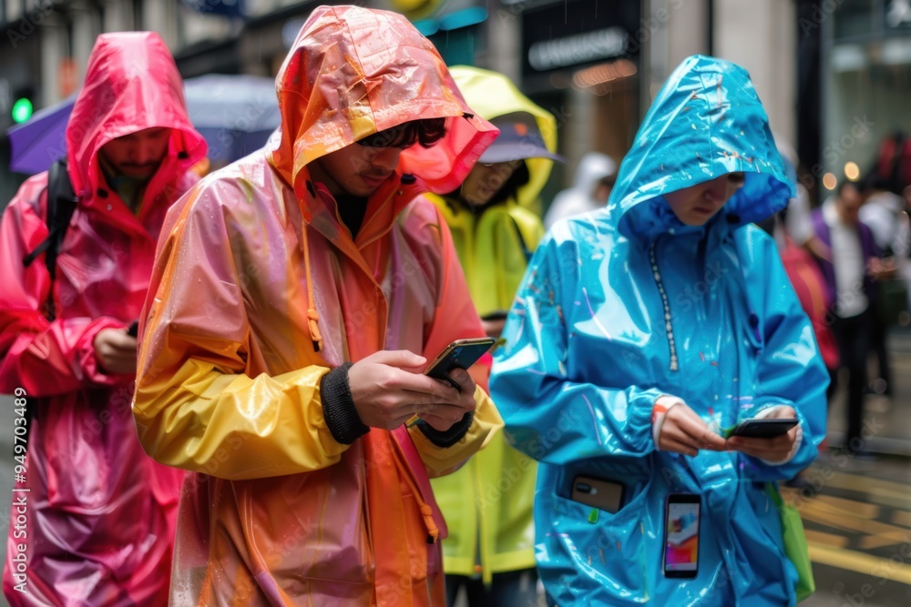 Fototapeta premium Group of teenagers Wear a raincoat on the road. Obsessed with using a smartphone amidst traffic On the city road