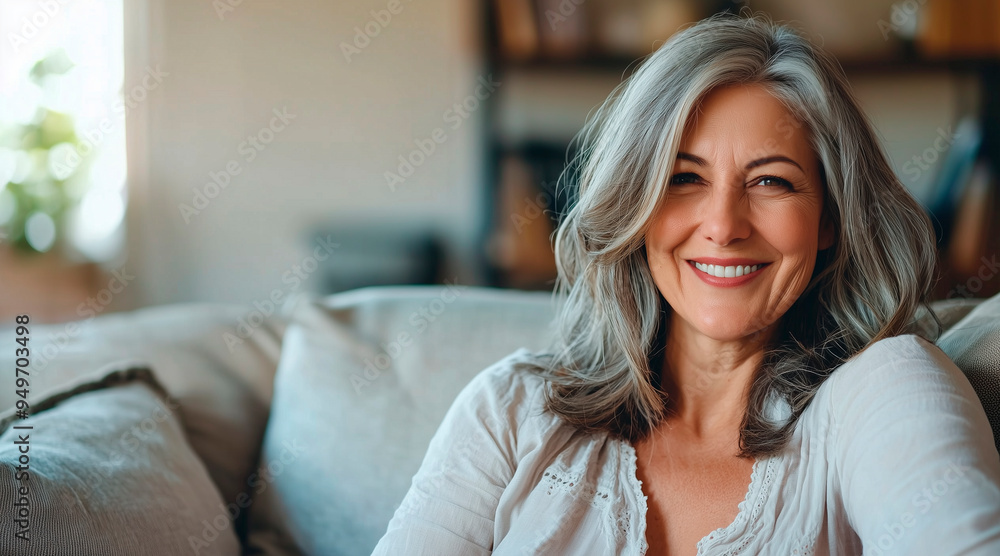 a Smiling middle aged woman sitting on sofa at home, single mature senior in living room a Smiling middle aged woman sitting on sofa at home, single mature senior in living room