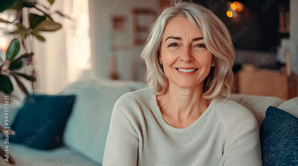 a Smiling middle aged woman sitting on sofa at home, single mature senior in living room a Smiling middle aged woman sitting on sofa at home, single mature senior in living room