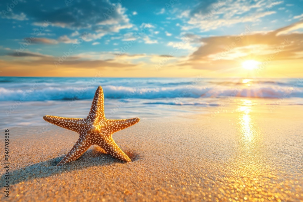 Starfish on golden sand at sunset with blurred sea background Starfish on golden sand at sunset with blurred sea background