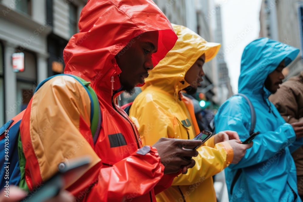 Group of teenagers Wear a raincoat on the road. Obsessed with using a smartphone amidst traffic On the city road Group of teenagers Wear a raincoat on the road. Obsessed with using a smartphone amidst traffic On the city road