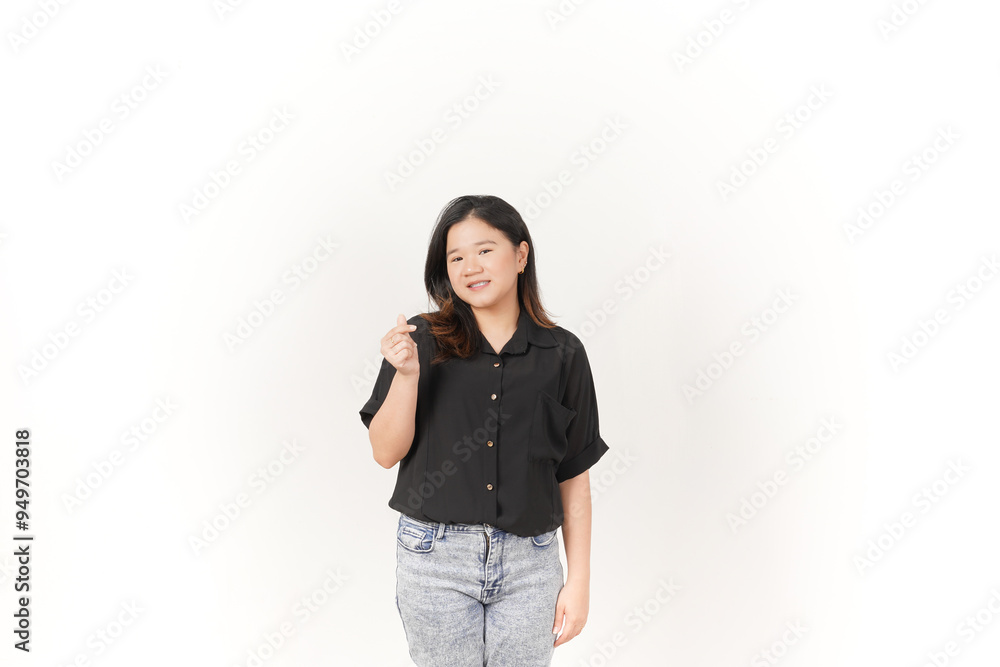 Young Asian woman Showing korean love finger wearing Black t-shirt and jeans isolated on white background Young Asian woman Showing korean love finger wearing Black t-shirt and jeans isolated on white background
