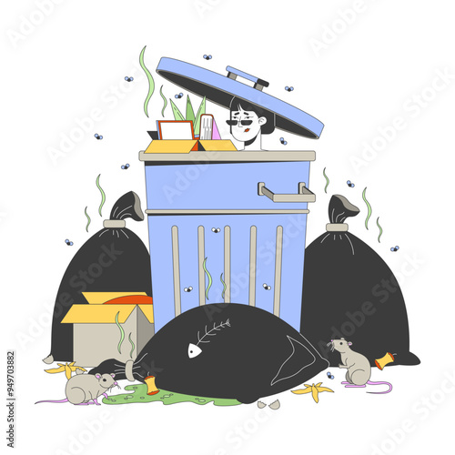 Upset asian woman sitting in waste container cartoon flat illustration. Japanese female feeling useless 2D character isolated on white background. Mental health issues scene vector color image