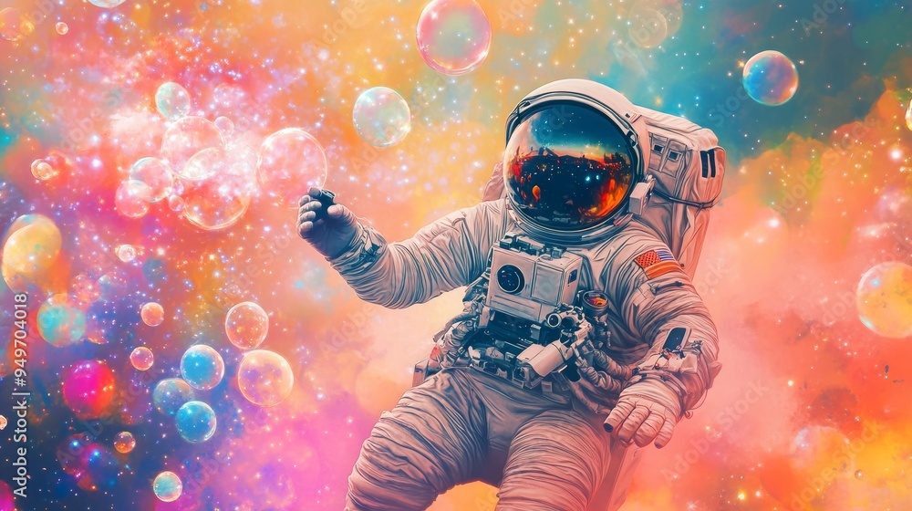 Beautiful painting of an astronaut in in a colorful bubbles galaxy on a different planet. Generative AI. Pop art concept Beautiful painting of an astronaut in in a colorful bubbles galaxy on a different planet. Generative AI. Pop art concept