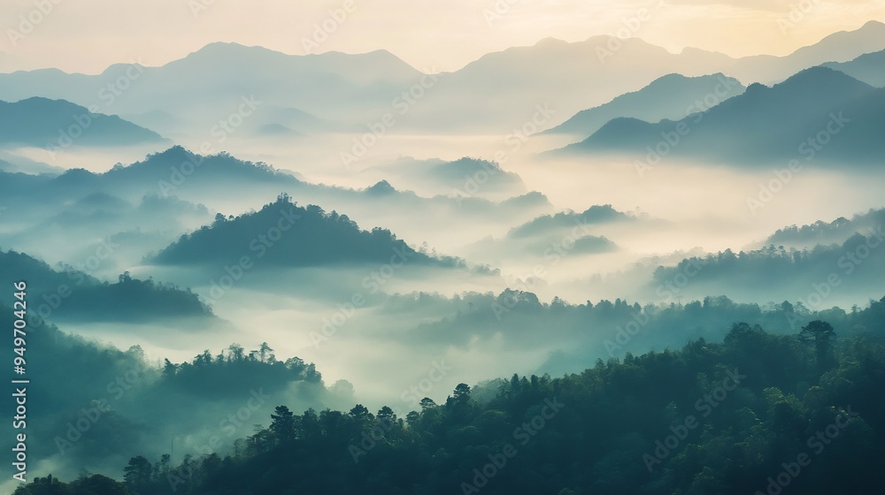 Fototapeta premium Misty Mountain Landscape at Sunrise