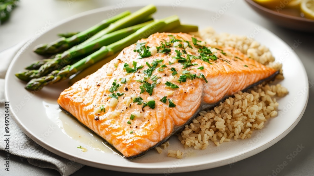 Grilled salmon fillet with asparagus and brown rice on a white plate, garnished with herbs, creating a healthy, delicious meal presentation. Grilled salmon fillet with asparagus and brown rice on a white plate, garnished with herbs, creating a healthy, delicious meal presentation.