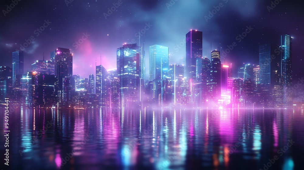 Neon Cityscape Reflection on a Misty Water Neon Cityscape Reflection on a Misty Water
