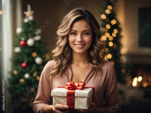 beautiful women holding a gift in charismas background photo