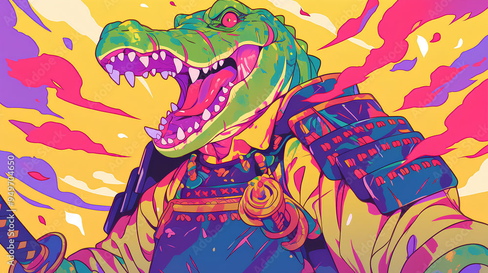 Fototapeta premium Cute crocodile wearing Japanese samurai armor, cool poses, cute kawaii, simple, smiling happy. neon psychedelic background