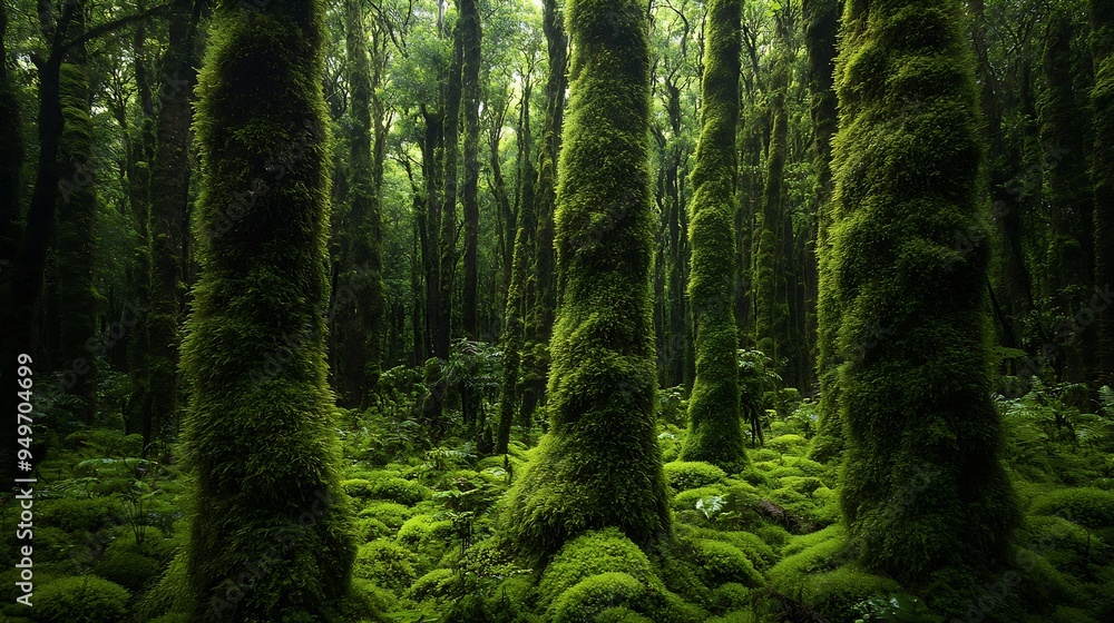 Trees covered with dense moss in rainforest Goblin Forest Egmont National Park Taranaki North Island New Zealand Oceania : Generative AI Trees covered with dense moss in rainforest Goblin Forest Egmont National Park Taranaki North Island New Zealand Oceania : Generative AI