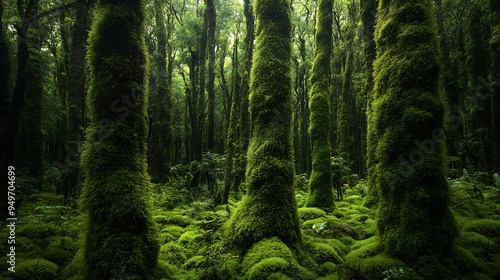 Trees covered with dense moss in rainforest Goblin Forest Egmont National Park Taranaki North Island New Zealand Oceania : Generative AI