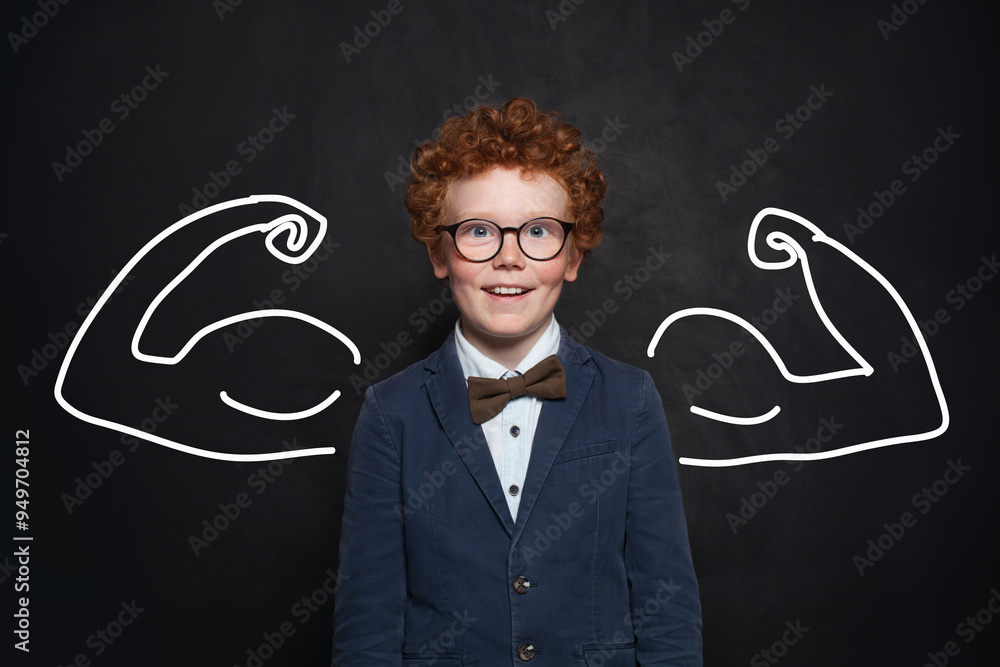 Portrait of smart redhead kid boy with drawn muscles. Success, creative and business concept Portrait of smart redhead kid boy with drawn muscles. Success, creative and business concept