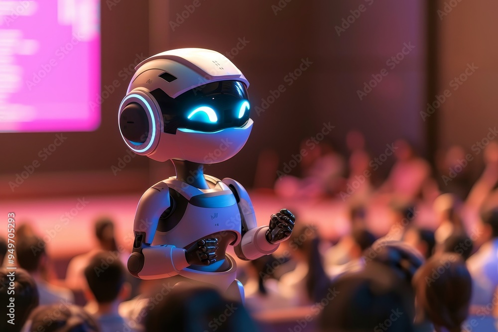 Cartoon Robot in Business Suit Presenting with Tetradic Color Scheme Cartoon Robot in Business Suit Presenting with Tetradic Color Scheme