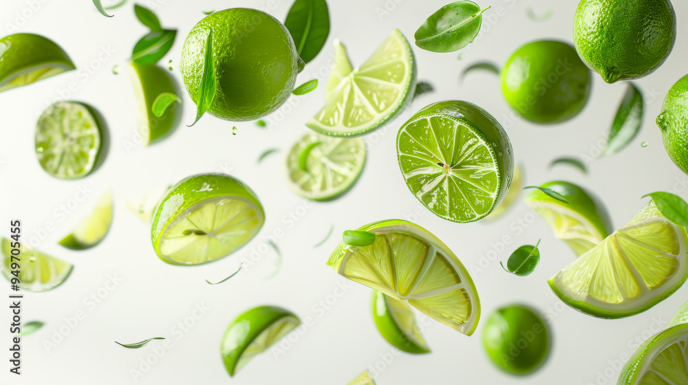 Various falling fresh ripe limi on light white background, horizontal composition Various falling fresh ripe limi on light white background, horizontal composition