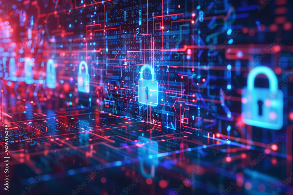 Obraz premium Digital data transfer and cyber security network, artificial intelligence. Abstract background