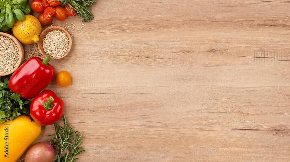 A top-down view of a variety of healthy food ingredients arranged neatly on a wooden board. Organic healthy vegetable frame. A top-down view of a variety of healthy food ingredients arranged neatly on a wooden board. Organic healthy vegetable frame.