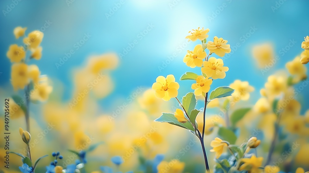 blurred idyllic springtime landscape blue sky and flower meadow under the leaf branch a carpet of yellow cheerful blossoms blurred spring background : Generative AI blurred idyllic springtime landscape blue sky and flower meadow under the leaf branch a carpet of yellow cheerful blossoms blurred spring background : Generative AI