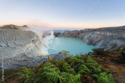 Kawah Ijen active volcano for adventure hikers with the world's largest acid lake in turquoise color. Banyuwangi, Sempol, East Java, Indonesia, Asia