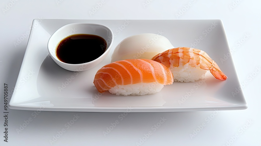 Elegant presentation of sushi on a white plate, with a small bowl of soy sauce, offering a taste of traditional Japanese flavors. Elegant presentation of sushi on a white plate, with a small bowl of soy sauce, offering a taste of traditional Japanese flavors.