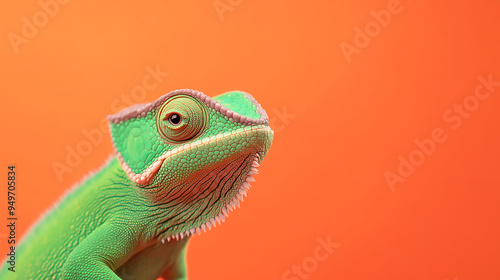 Chameleon on vibrant orange background.