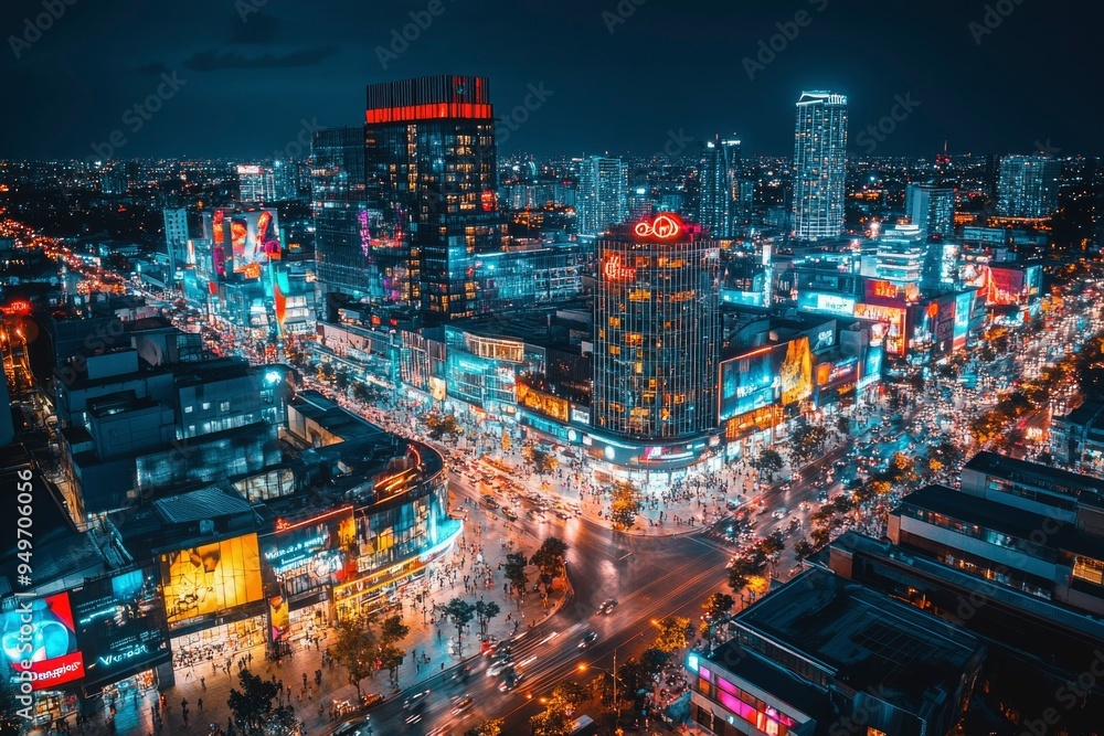 Aerial Nighttime View of a Busy City Intersection with Illuminated Buildings and Traffic Aerial Nighttime View of a Busy City Intersection with Illuminated Buildings and Traffic