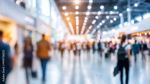 Background of an expo or convention with blurred individuals in an exposition hall. Concept image for a international exhibition, conference center, corporate marketing, or event fair