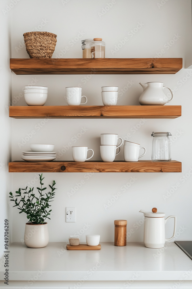 kitchenware counters, walls, and shelves with a modern Japandi minimal style, emphasizing a clean and light serene aesthetic: kitchenware counters, walls, and shelves with a modern Japandi minimal style, emphasizing a clean and light serene aesthetic: