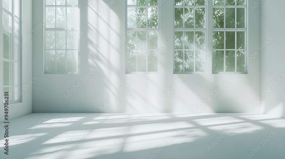 Abstract White Studio Background for Product Presentation with Window Shadows and Sunlight Blurred Backdrop Empty Room With Copy Space : Generative AI