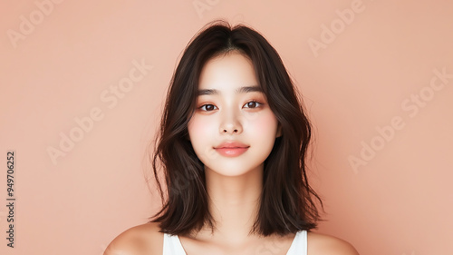 Korean female model on pink beige background. Background for skin care and beauty clinic.