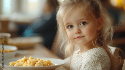 Little caucasian girl enjoing food sitting at table indoors Child have a meal Organic breakfast healthy nutrition concept Kid eating : Generative AI