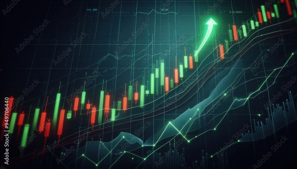 modern financial chart with green and red candlesticks, a clear upward trend line modern financial chart with green and red candlesticks, a clear upward trend line