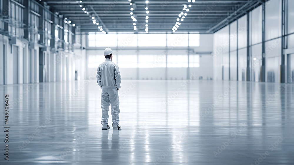 Painted in white Male worker is in the empty warehouse : Generative AI Painted in white Male worker is in the empty warehouse : Generative AI