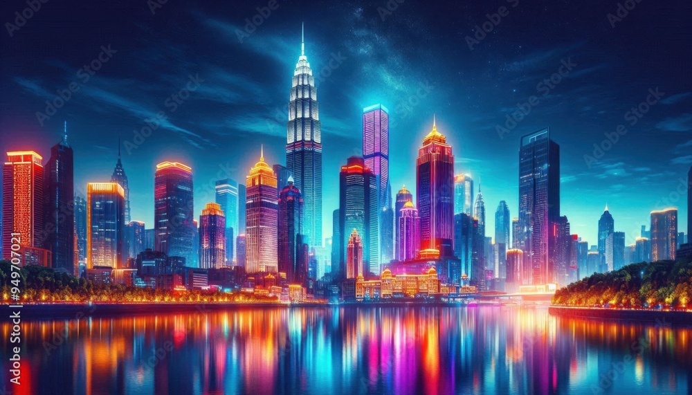 a night city with neon lights effect a night city with neon lights effect