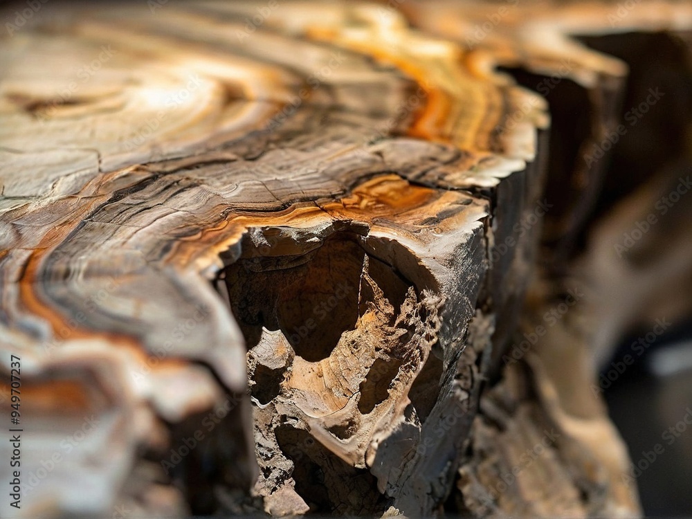 Close-up of a petrified wood cross-section, showcasing intricate rings and textures. Close-up of a petrified wood cross-section, showcasing intricate rings and textures.